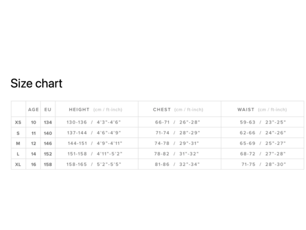 Mystic Junior Size Chart